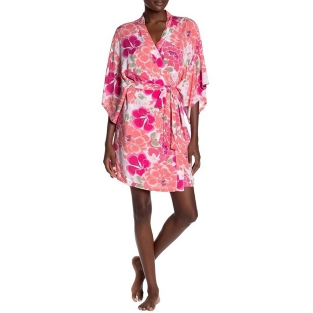 Josie by Natori L abstract Suzani Wrap Robe floral coral print kimono‎ short